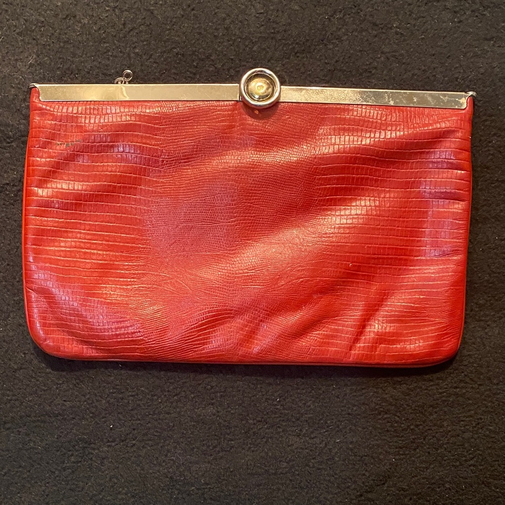 Red Textured Leather Frame Clutch - Women's Evening Bag